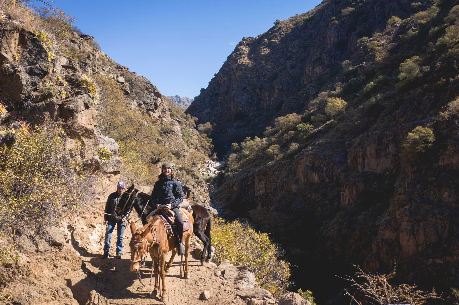 Arrieros cruzando el cañón serrano