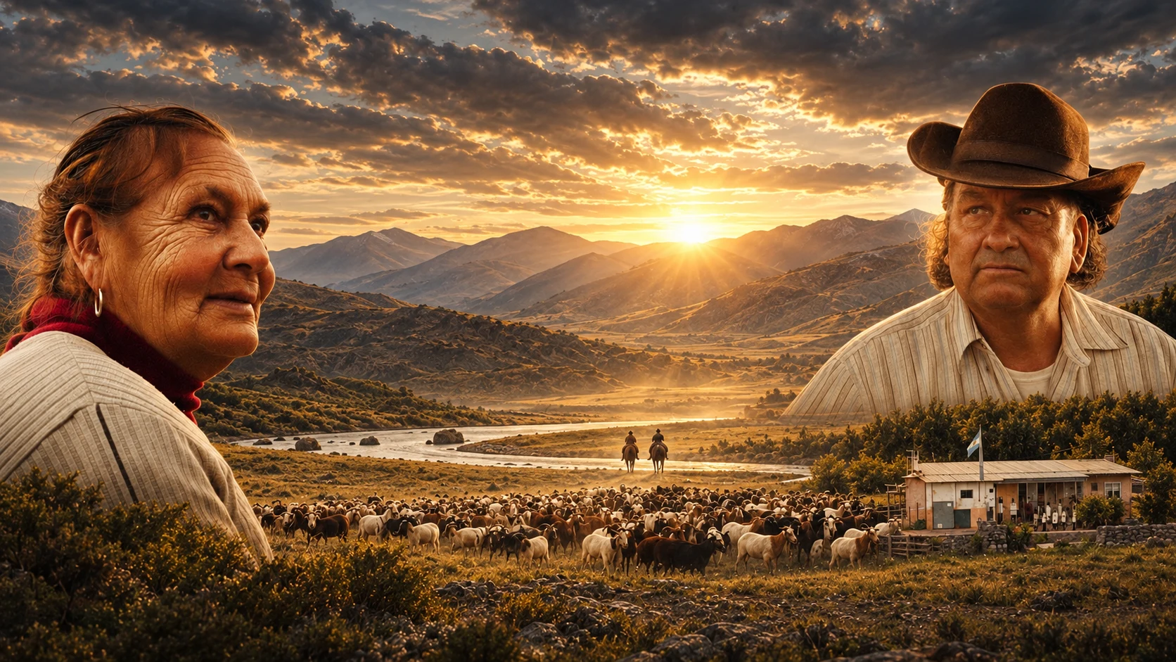 Afiche de SIERRA: Rosalía y Reyes, la escuela y los arrieros en la montaña al atardecer
